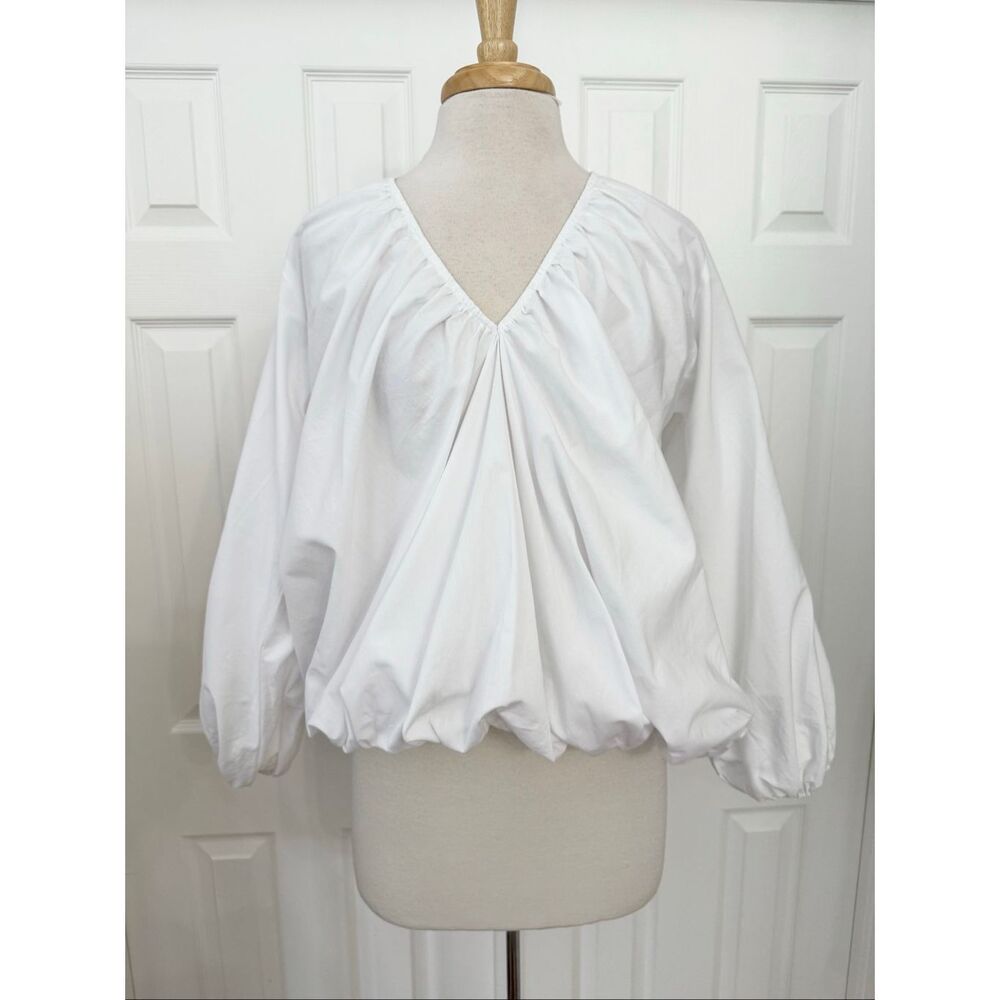 Mie Womens Cotton V Neck Ruched Balloon Sleeve Yubu Top White Size Medium NWT